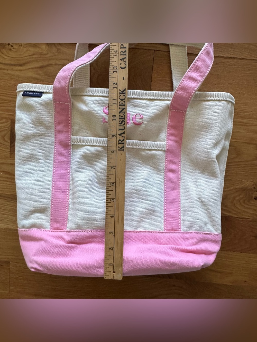 Lands’ End Canvas Tote Bag Pink & Natural Monogrammed “Sue” Medium Open Top Boat - Picture 12 of 13